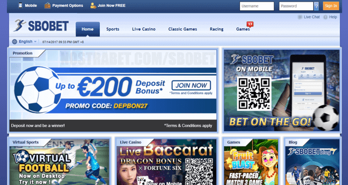 начална страница на сайта Sbobet